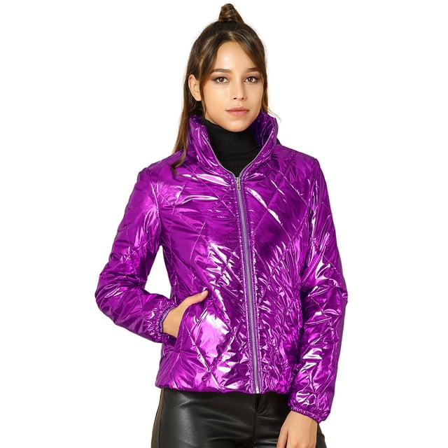 INSPIRE CHIC Veste Matelassée Courte Métallisée à Fermeture Éclair Holographique pour Femme