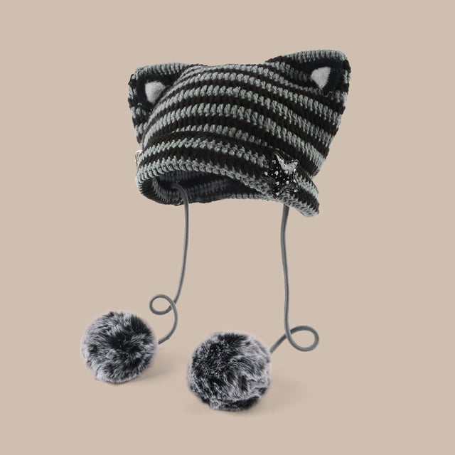Hats Cat Ear Gyaru Acubi Crochet Hats with Pompoms for Cutecore Style