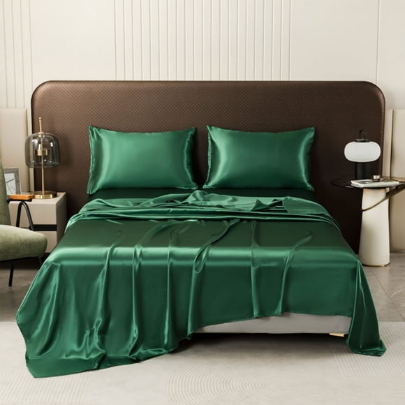 Czzoypi Solid Color Satin Bed Sheet, Luxurious Silk-Like Washable Bedding, Easy Care Wrinkle-Resistant Queen Size Fitted Sheet for Hotel Comfort, Dark Green