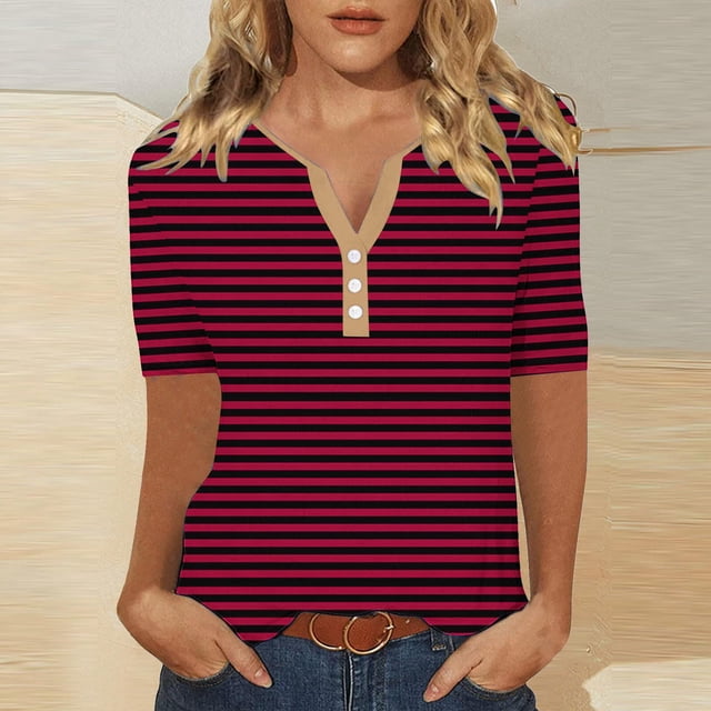 LOVZFMLL T-Shirts d'Été pour Femmes Mode à Rayures Imprimées Manches Courtes Blouse-Col T-Shirt Décontracté à Boutons