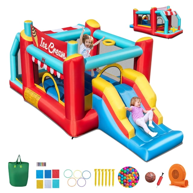 Costway Inflatable Bounce House 5-in-1 Ice Cream Jumping Castle with 520W Blower. Perfect for outdoor play and birthday parties, it features vibrant red, blue, and yellow colors with an ice cream truck theme. Includes a jumping area, slide, ball pit, basketball hoop, and ring-toss game. Made from durable 420D Oxford fabric with mesh walls for safety. Accessories include ocean balls, basketball, toss rings, hand pump, ground stakes, repair kit, and carry bag. Suitable for kids aged 3-10 years, with a maximum load of 200 lbs.
