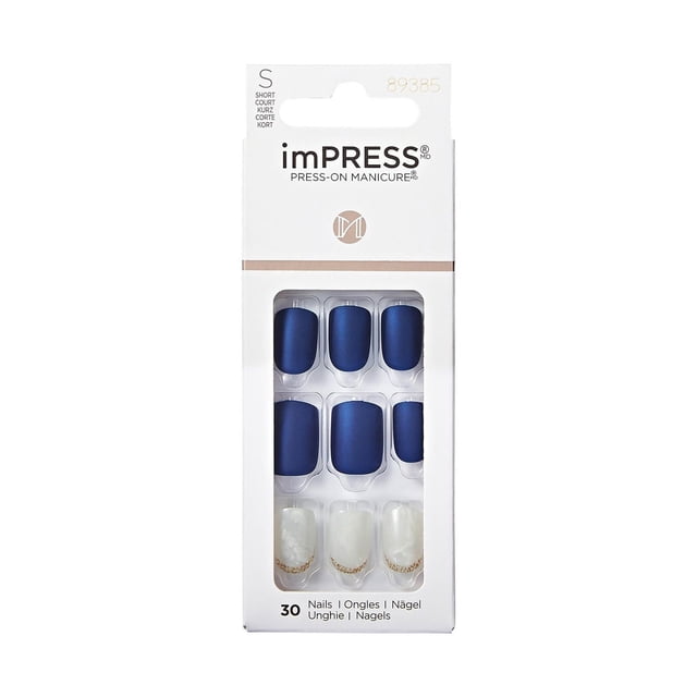 KISS ImPRESS Press-On - Fake Nails, 30 Count, Short, featuring short matte navy blue and white marble press-on nails with gold accents, displayed in a white retail box with a clear window, suitable for quick, glue-free manicures.