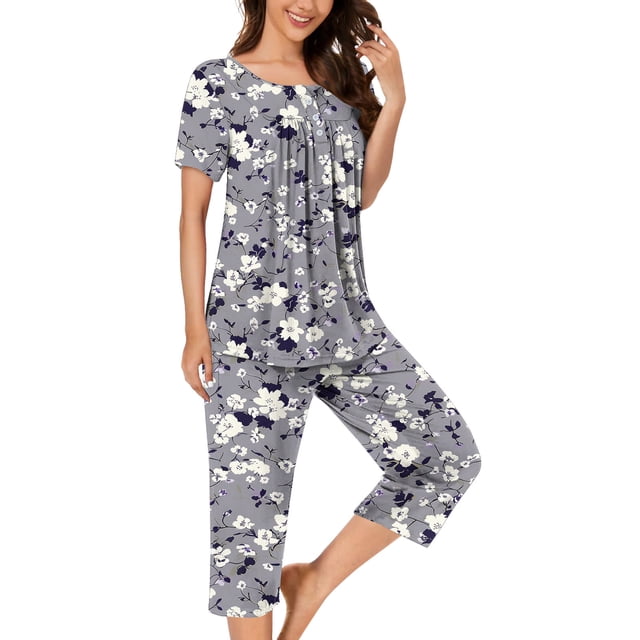 FAFWYP Ensembles de Pyjama 2 Pcs pour Femmes, Ensembles de Pyjama à Imprimé Floral, Tenue de Nuit Douce, Hauts à Manches Courtes à Col Ras du Cou et Pantalons Capri, Ensembles de Détente, P-3TG