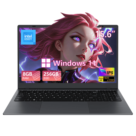 RNRUO 15.6" Laptop Computer, 8GB RAM 256GB SSD Intel 6500Y with 2 Cores Up to 3.4GHz, FHD Display Numeric Keypad Office 2024 Windows 11 WiFi5 BT5.0 Thin Portable for Business Student Work, Dark Gray
