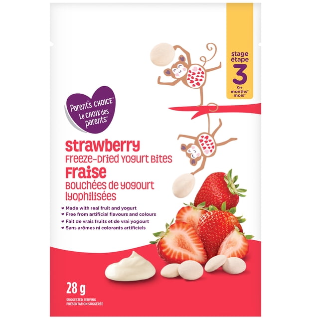 Parent's Choice Strawberry Yogurt Bites freeze-dried baby snack in a 28g resealable pouch, made with real fruit and yogurt, free from artificial colours and flavours, suitable for babies 9 months and older, featuring playful monkey illustrations and bilingual English-French text.
