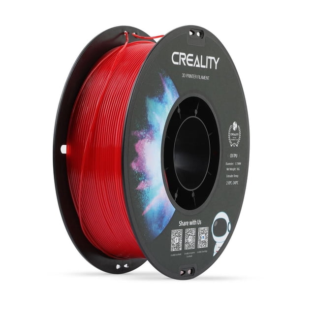 Creality CR-TPU 3D Printing Filament 1kg, Red, spool of flexible TPU filament with high elasticity, wear and chemical resistance, featuring a black spool with cosmic graphic and printed specs including 1.75mm diameter and 210-240°C extrusion temperature, ideal for 3D printer filament and supplies, also suitable for prototyping flexible parts.