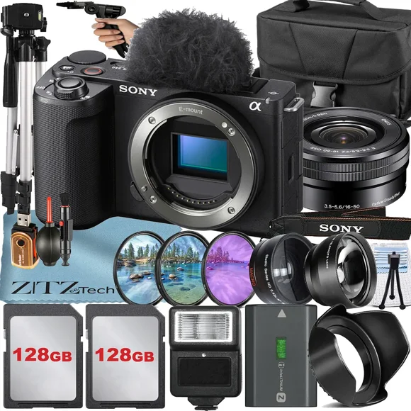 Sony ZV-E10 II Appareil Photo Sans Miroir (Noir) avec Objectif 16-50 mm + Lot de 2 Cartes Mémoire 128 Go + Flash + Trépied + Ensemble d'Accessoires ZeeTech