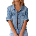 thumbnail image 1 of aohooy Vestes en Jean pour Femmes Basiques à Boutons, Manches Mi-Longues Retroussables, Veste en Denim Extensible Décontractée Courte, Manteau en Denim pour Femmes Bleu Pâle,L, 1 of 7