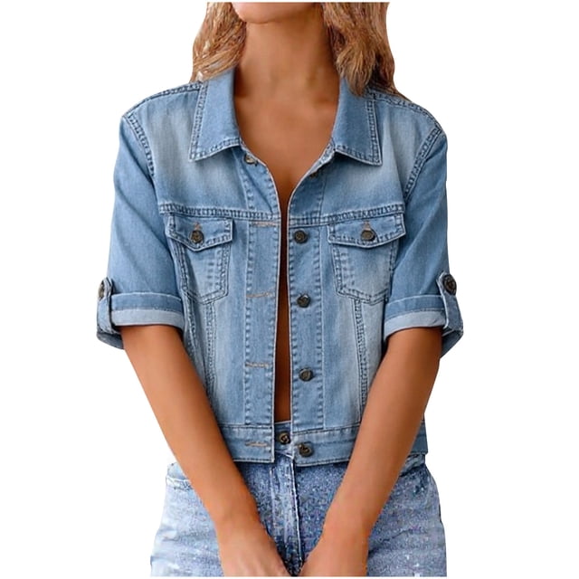 aohooy Vestes en Jean pour Femmes Basiques à Boutons, Manches Mi-Longues Retroussables, Veste en Denim Extensible Décontractée Courte, Manteau en Denim pour Femmes Bleu Pâle,L