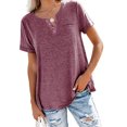 thumbnail image 1 of MAWCLOS Dames T-Shirt Couleur Unie Tops V Cou Tee Confortable Rue Manches Courtes Blouse Claret XXL, 1 of 7