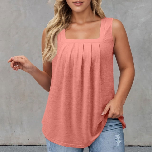 Women's Casual Square Neck Tank Top Pure Color Ruffle Detail Blouse for Spring Summer Daily Wear with Jeans Workout Set Fitted T Shirt Atmosphere Top Cleavage Cover plus Size Camisole Petite 3