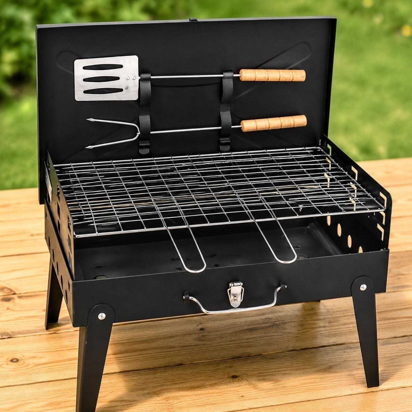 Folding Bbq Grill with Built-In Tool Kit - Portable Barbecue Rack for Picnics Camping Self-Contained Outdoor Grill with Spatula Fork, Black, JKODE