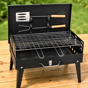 Grill pliant Bbq avec kit d'outils intégré - Porte-barbecue portable pour pique-niques Camping Grill en plein air autocontenu avec fourche à spatules, noir, JKODE