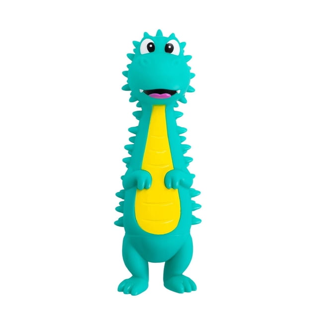 Outward Hound Latex-Free Big Squeak Turquoise Dino Dog Toy, front-facing turquoise dinosaur dog toy with a yellow textured belly panel, large eyes, small arms, and spikes along its back, latex-free and squeaks when chewed, ideal for fetch and gentle on dogs' mouths, also suitable for allergy-sensitive dogs.