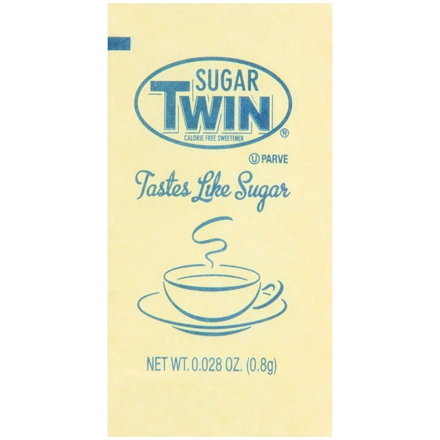 Sugartwin Sugar Substitute Yellow 1000 Pc's, a calorie-free sweetener by Sugar Twin. The image shows a single yellow packet with blue text reading 'Sugar Twin' and 'Tastes Like Sugar,' along with a steaming cup illustration. Net weight is 0.028 oz (0.8g).