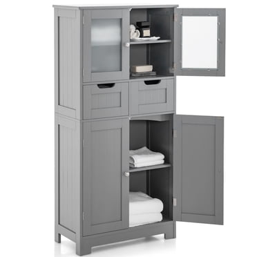 Patiojoy Armoire de Rangement Haute pour Salle de Bain Armoire Autoportante au Sol avec 2 Armoires à Double Porte et 2 Tiroirs Tablettes Réglables à 3 Positions