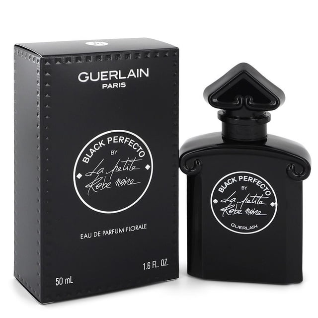 LA PETITE ROBE NOIRE BLACK PERFECTO by Guerlain, Eau De Parfum Florale Spray in a 1.6 oz (50ml) bottle. The perfume features a sleek black bottle with a heart-shaped cap and a matching box displaying the Guerlain logo and product details.