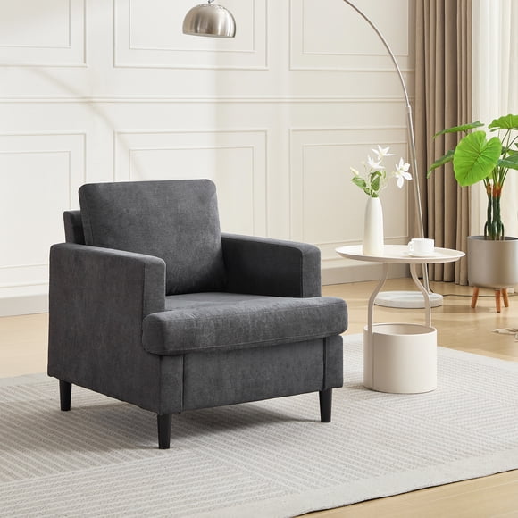 Poltrona Relax Moderna in Lino - Ampia e Comoda, Cuscino Spesso, Schienale Morbido - Stile Metà Secolo per Soggiorno, Camera da Letto o Angolo Lettura - Gambe Robuste - Colore: Grigio Scuro