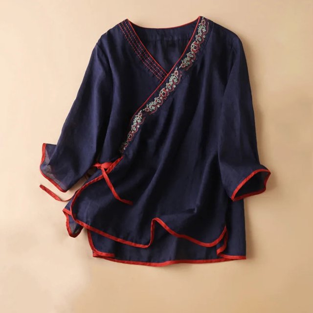 Blouses pour Femmes, Haut à Manches Courtes en Coton et Lin Style Renaissance avec Broderie pour Femmes, Haut à Manches Courtes à Col en V