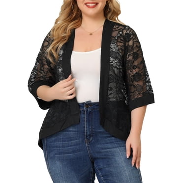 Agnes Orinda Cardigan pour Femme Grande Taille en Dentelle Crochet Manches 3/4 Léger Transparent Couvre-Maillot d'Été 3X Noir