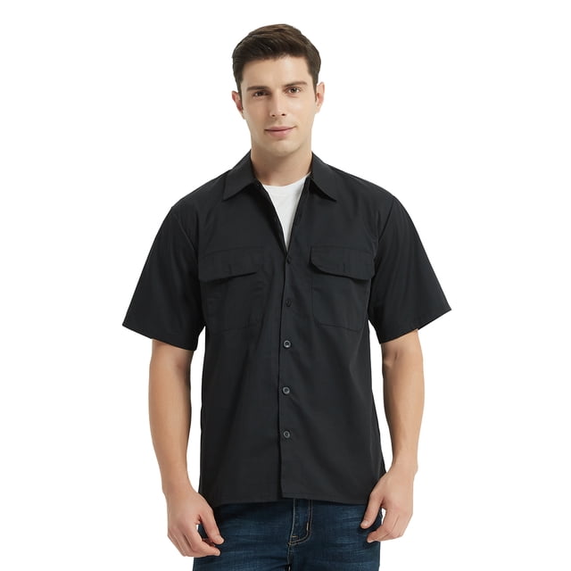 TOPTIE Short-Sleeve Work Shirt Straight Collar Utility Uniform Stain and Wrinkle Resistant-Black-L