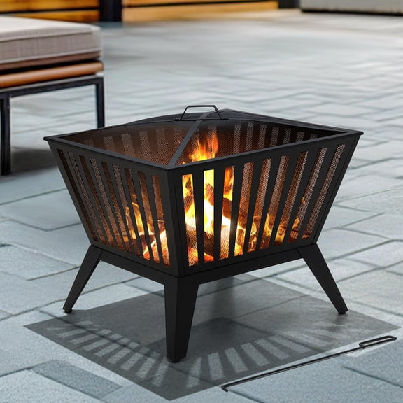 Sunjoy Firepit 28 Inch Wood Burning Fire Pit, Outdoor Black Steel Firepit with Fire Poker and Mesh cover