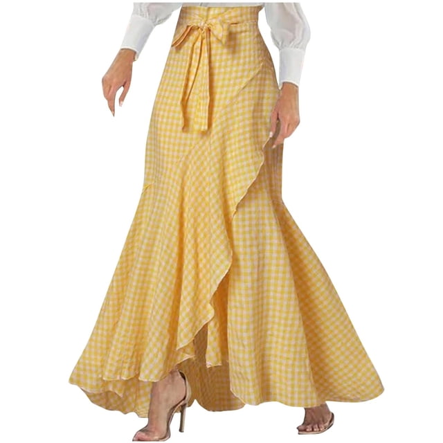 Besolor Women's Plus Size Plaid Maxi Skirt High Waisted Tie Knot A-Line Irregular Ruffle Hem Long Skirt