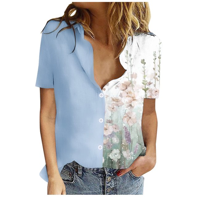 Birdeem T-Shirt Décontracté pour Femmes à Imprimé, Col Rabattu, Boutonné, Coupe Ample, Manches Courtes, Chandail à Enfiler, Blouse, Hauts