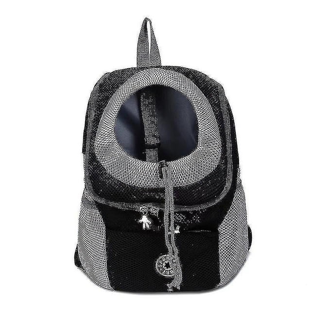 Travel Pet Dog Carrier Puppy Travel Mesh Backpack Front Portable Shoulder Bag in a black and grey design. Features a breathable mesh material with a circular opening for the pet's head, adjustable shoulder straps, and a front zipper pocket. Available in size S (30x16x34cm) for dogs up to 4kg and size M (36x21x45cm) for dogs up to 8kg. Suitable for outdoor activities and keeping pets comfortable during travel.