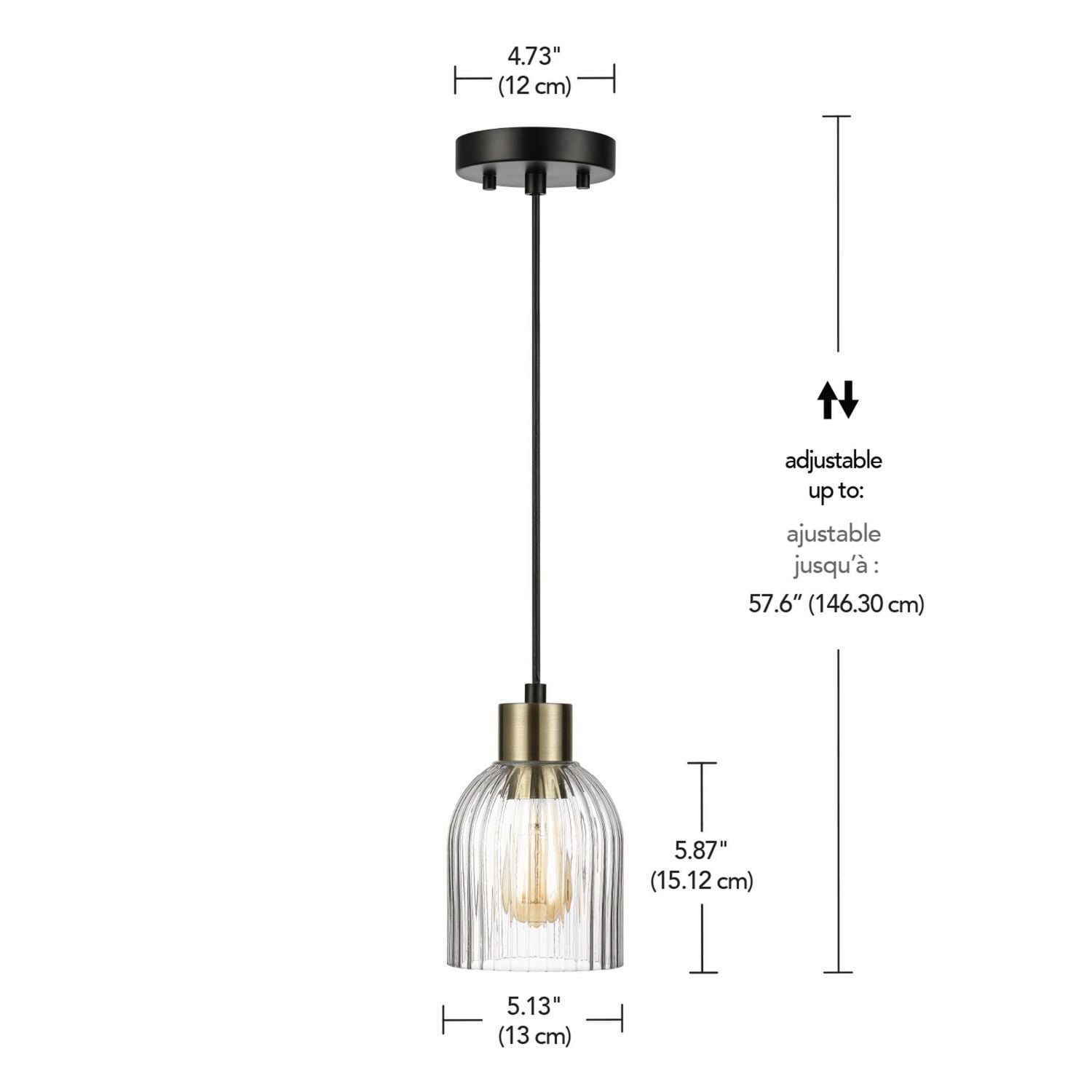 Globe Electric 1-Light Matte Black Pendant Light with Ribbed Glass Shade and Matte Brass Accent