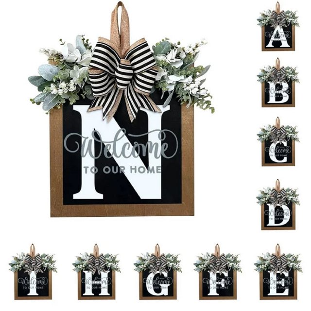 Front Door Decorations Alphabet Wreath Sign Outdoor Hanging Decoration 11.8”*11.8”