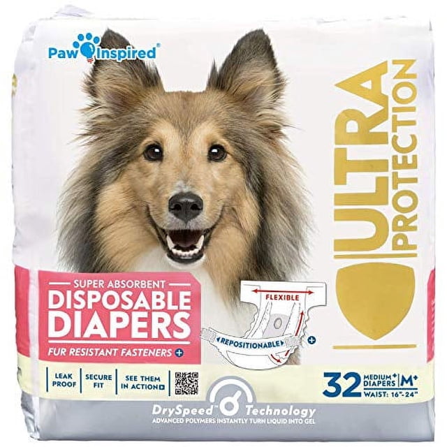 Paw Inspired Disposable Dog Diapers Female, Medium Plus size, 32 count package. Designed for dogs in heat, senior dogs, excitable urination, or incontinence. Features include repositionable fur-resistant fasteners, super absorbent core, leak-proof edges, and breathable bottom layer. Equipped with DrySpeed Technology to convert urine into gel for dryness and comfort. Suitable for various dog breeds with waist sizes 16-24 inches.