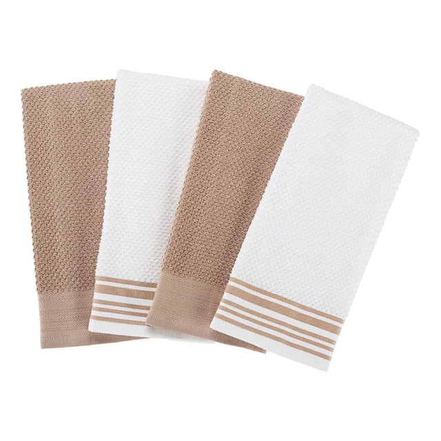 Mainstays 4-Pack 16x26 woven kitchen towel set in beige and white, featuring two solid beige towels and two white towels with beige stripes, made of textured cotton blend fabric, designed for absorbent and durable kitchen use.