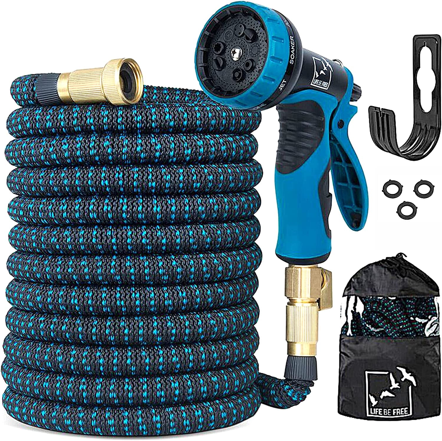GHSDFBB 100 Ft Expandable Garden Hose, Easy Storage No-Kink, Lightweight Flexible Expanding Water Hose Pipe, 3/4'\u201d Solid Brass Connectors, 9 Function Spray Nozzle for Watering and Washi
