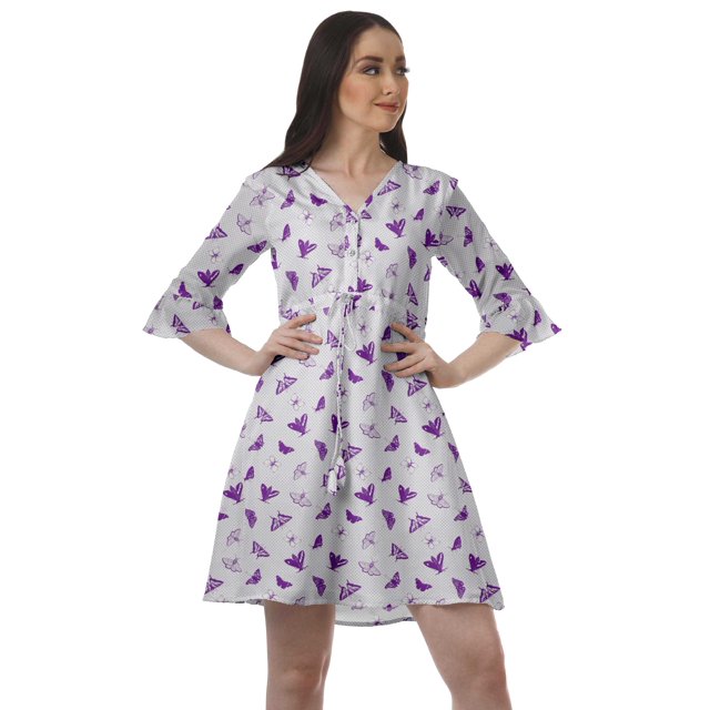 Moomaya Robe Courte à Cordon Imprimée pour Femmes, Col en V, Manches à Volants, Robe d'Été