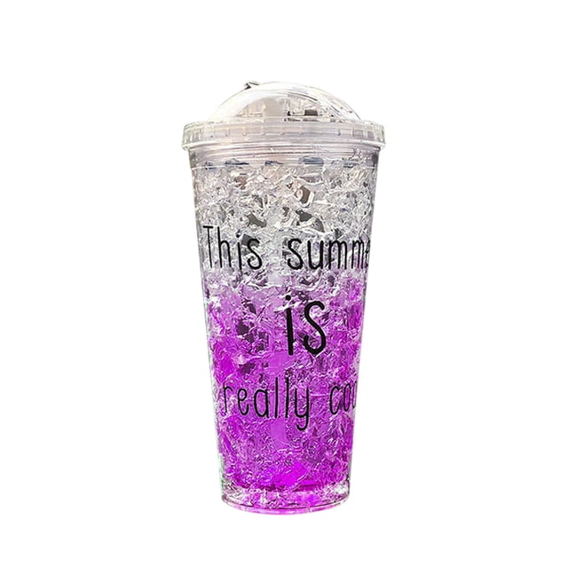 fheaev Outdoor Double Layer Plastic Mug Sliding Lid Refrigeration Crushed Ice Mug Summer Double Layer Gel Gift Straw Mug Exquisite Gradient Refrigeration Cups