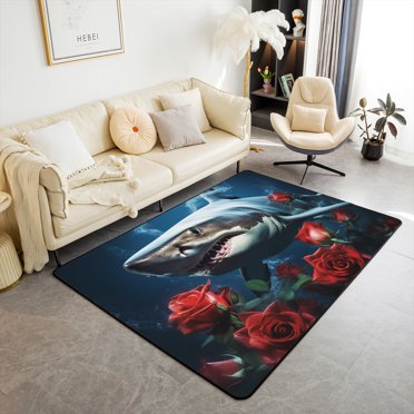 Erosebridal 3D Shark Print Area Rug for Kids Teens Men,Ocean Animal Carpet 3x5,Red Rose Indoor Floor Mat Washable,Romantic Flower Decorative Accent Rug for Home Decorative