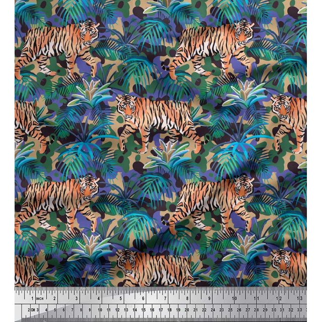 Soimoi Modal Satin Fabric texture,leaves & tiger Animal Print Fabric by Yard 42 Inch Wide