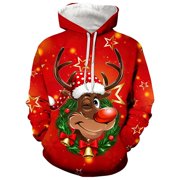 LUOGENLI Men Hoodies Graphic Zip up Deer Print Hooded Sweatshirt for and Cozy Pullover with Pocket Casual Warm Hoodie Hoodies for Men Pullover Graphic Design Red Size M