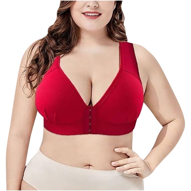 RKSTN Bras for Women Front Closure Plus Size Full Coverage Bra Solid Color V Neck Underwire One-Piece Everyday Underwear
