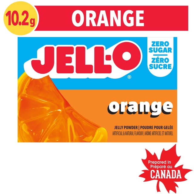 Jell-O Orange Jelly Powder Light box featuring a translucent orange gelatin slice, bold red Jell-O logo on a blue background, labeled zero sugar and 10.2g net weight, a gelatin mix dessert prepared in Canada.