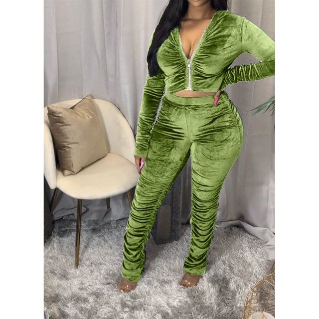 Honganda Slim Pleated Zipper Hooded Top and Pants Two-piece Suit