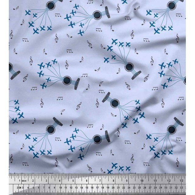 Soimoi Polyester Crepe Fabric Airplane,Guitar Wire & Notes Musical Instrument Decor Fabric Printed Yard 42 Inch Wide