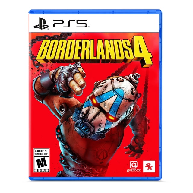Borderlands 4 (PS5) Étui de Jeu Mettant en Vedette un Chasseur de Coffre-Fort Robotique aux Yeux orange Lumineux et à une Marque de Visage Triangulaire Bleue, Enchaîné et Posé de Façon Dynamique sur un Fond Rouge avec le Titre Audacieux de Borderlands 4 Jaune, Convient aux Passionnés de Tir d'Action sur PlayStation 5.