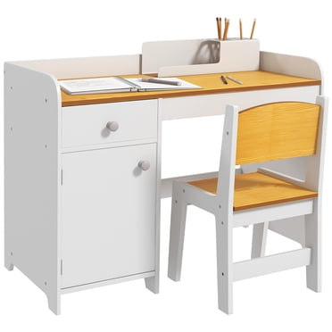 Qaba Kids Desk and Chair Set for 3-6 Year Old with Storage Drawer, White