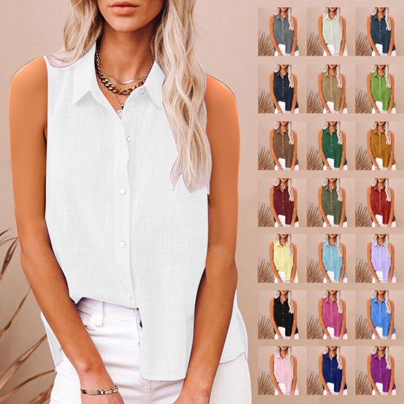 Frostluinai Womens Sleeveless Button Down Shirts Solid Cotton Linen Blouses Classic Collared Split Hem Tank Tops Plus Size Summer Tanks