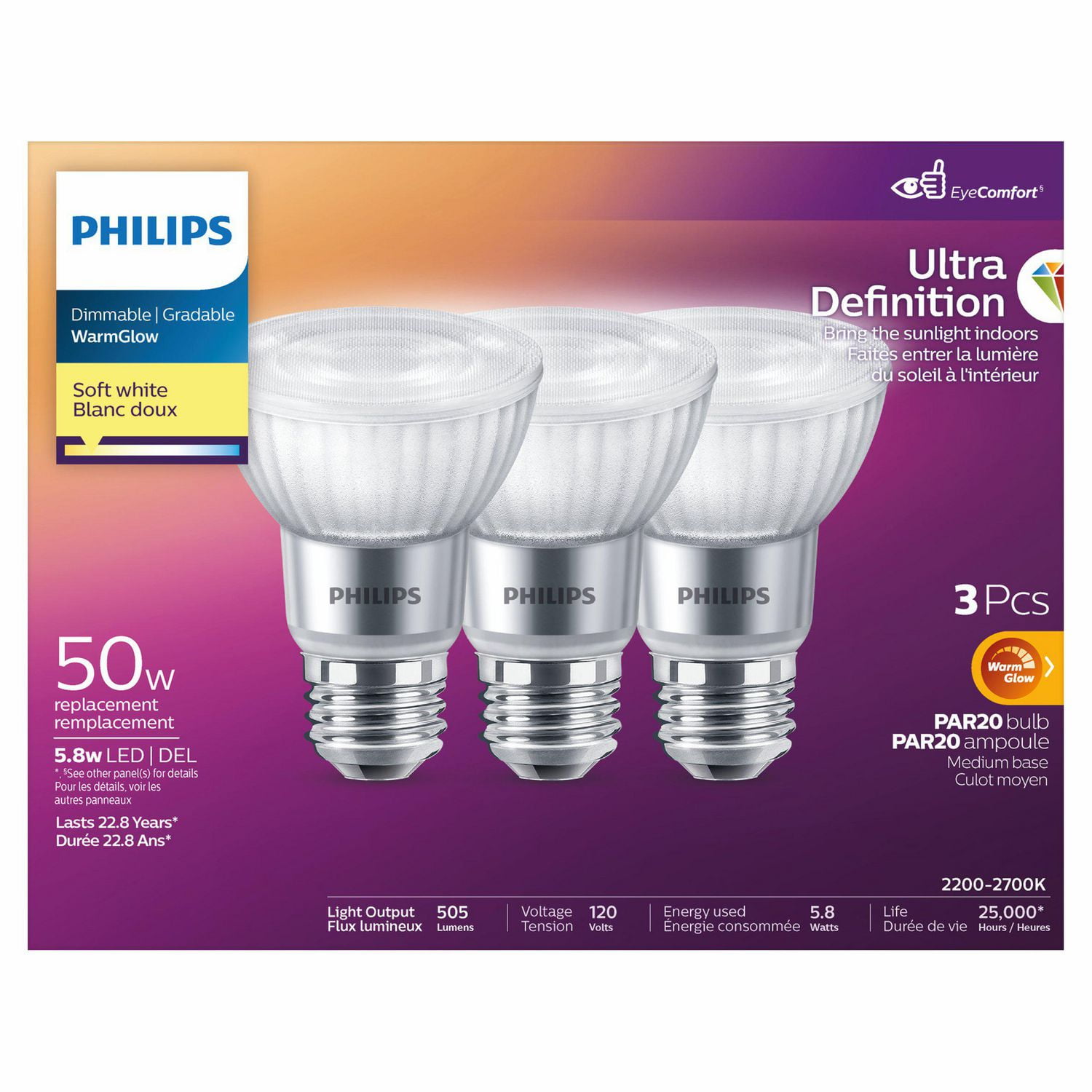 PHILIPS Ampoules LED PAR20, 5,5 W, 50 W, culot moyen, blanc doux, lueur chaude, ultra haute définition, à intensité variable, paquet de 3
