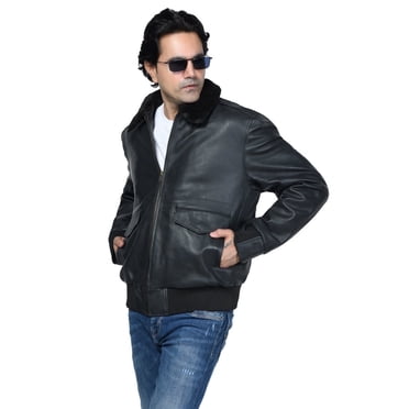 Men's Leather Jacket with Genuine Fur Collar