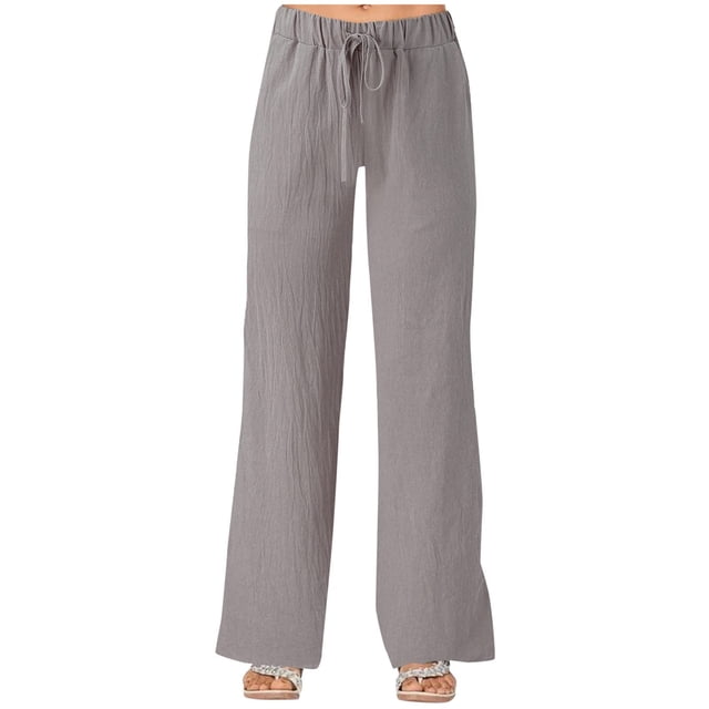 Timegard Cotton Linen Pants for Women Elastic Waisted Drawstring Straight Leg Lightweight Lounge Trousers