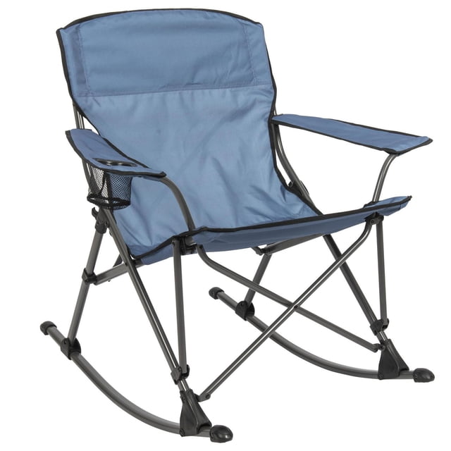 Soft arm rocking quad chair with foldable black metal frame and blue 600x600D PVC coated fabric seat and backrest, featuring wide soft armrests and a mesh cup holder on the right arm, designed for portable camping and outdoor use.